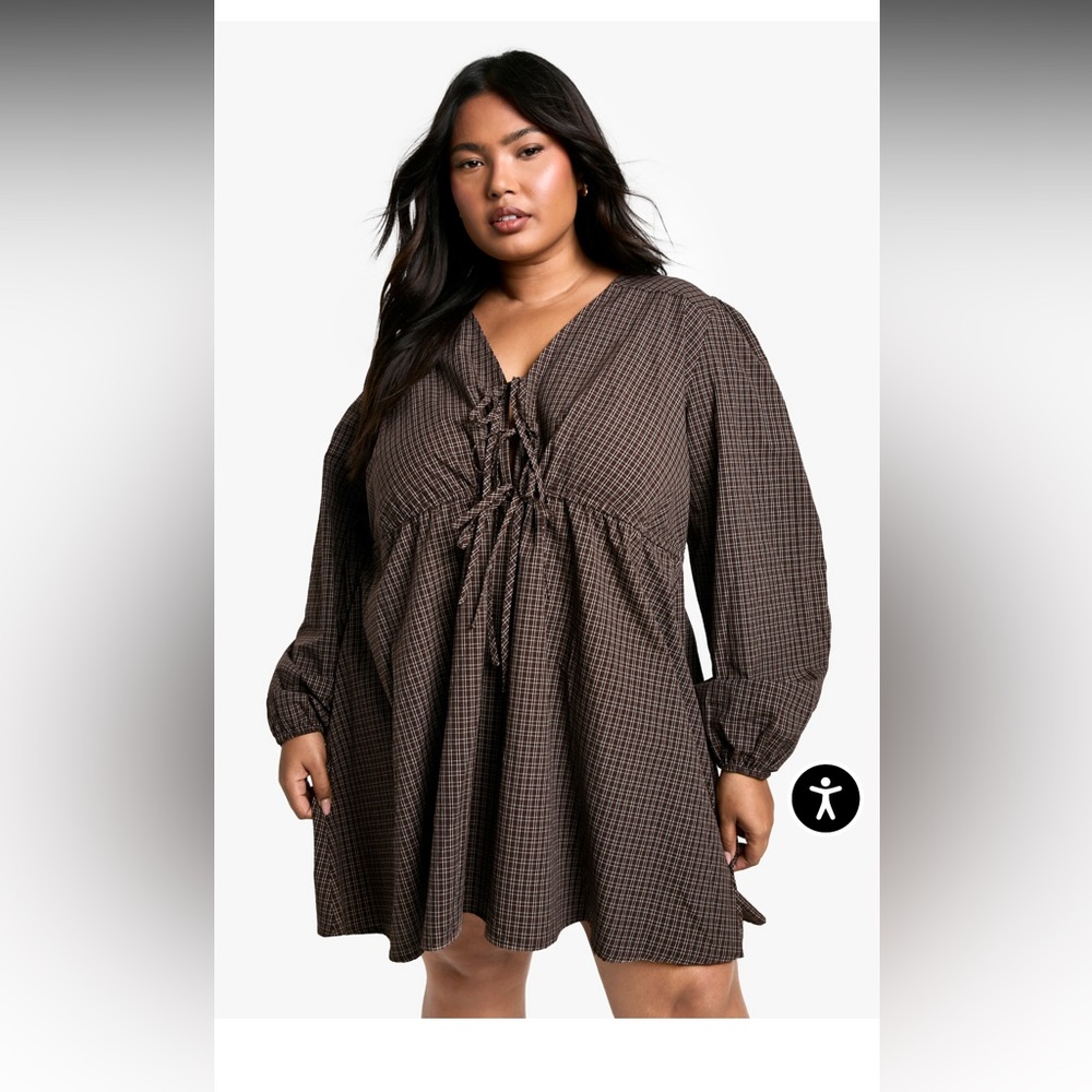 Boohoo Plus Check Tie Front Smocked Dress